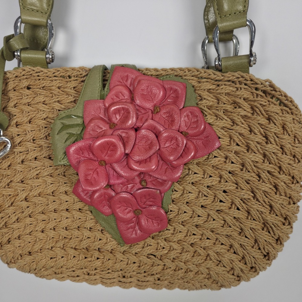 Brighton Shoulder Bag Tan Wicker Pink Leather Flower Accent Top Carry Handles - Picture 4 of 16